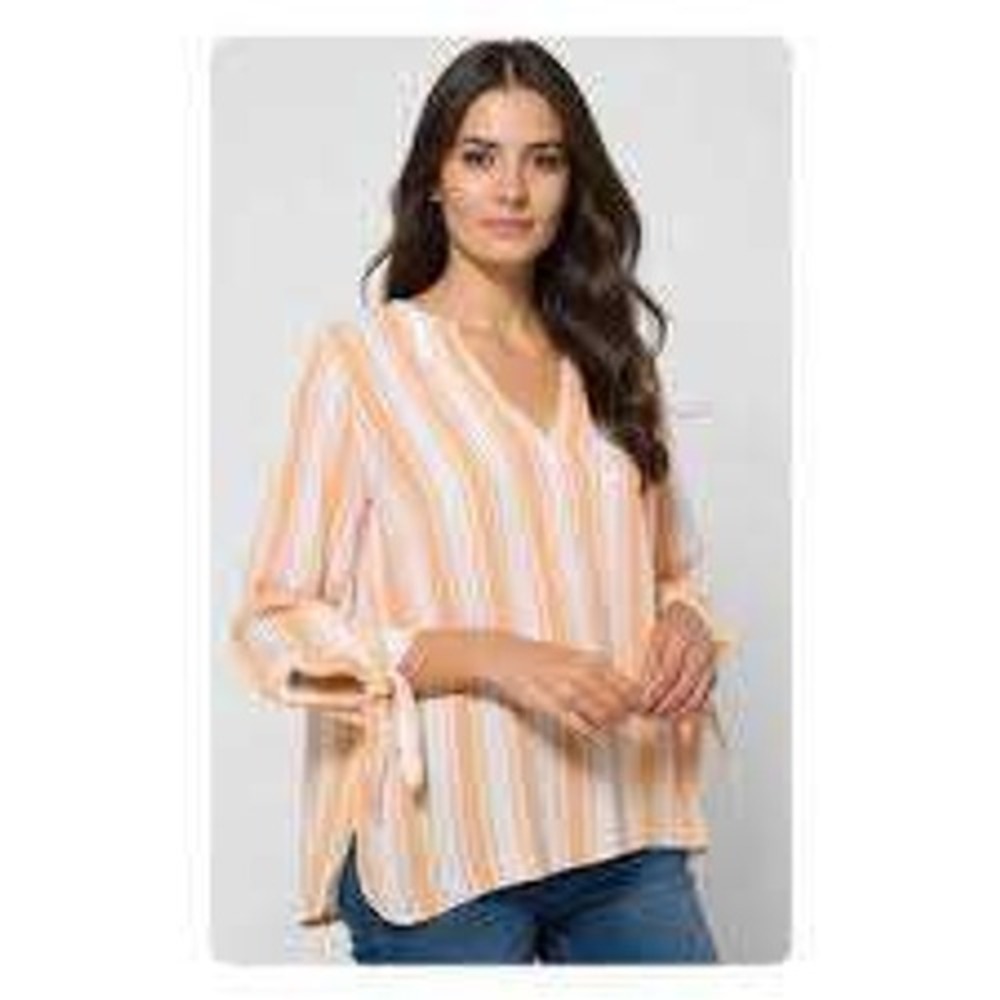 MICHAEL Michael Kors Orange‎ White Striped Tie-Cuff Sleeve Blouse Top - Size XL